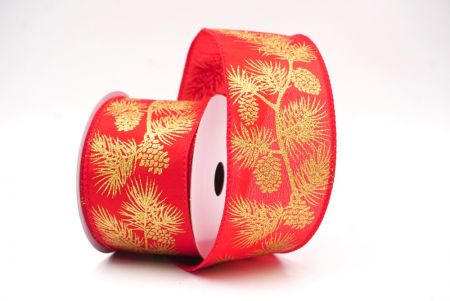 Czerwono-Złote Błyszczące Szyszki & Liście Świąteczna Wstążka Druciana_KF9626GC-7-7