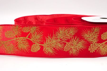 Czerwono-Złote Błyszczące Szyszki & Liście Świąteczna Wstążka Druciana_KF9626GC-7-7