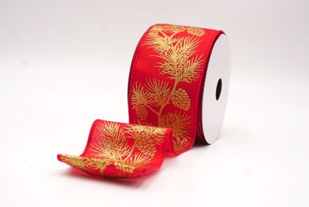 Czerwono-Złote Błyszczące Szyszki & Liście Świąteczna Wstążka Druciana_KF9626GC-7-7