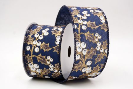 Ruban câblé en bleu marine avec feuilles de houx et baies de Noël_KF9628GC-4-4
