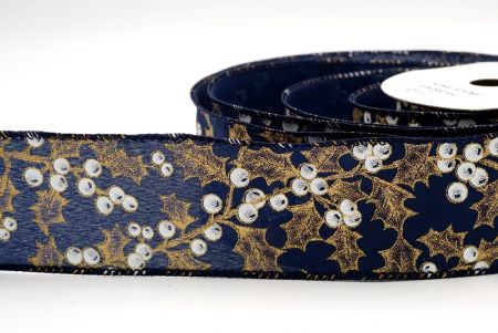 Ruban câblé en bleu marine avec feuilles de houx et baies de Noël_KF9628GC-4-4