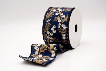 Ruban câblé en bleu marine avec feuilles de houx et baies de Noël_KF9628GC-4-4