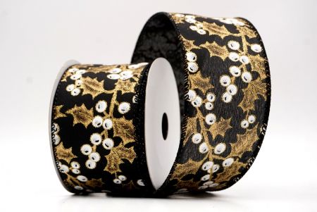 Ruban câblé en noir avec feuilles de houx et baies de Noël_KF9628GC-53-53