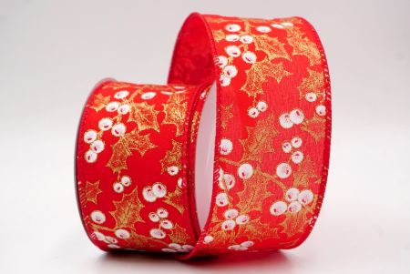 Ruban câblé en rouge avec feuilles de houx et baies de Noël_KF9628GC-7-7