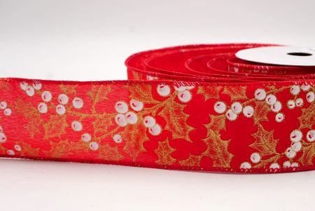 Ruban câblé en rouge avec feuilles de houx et baies de Noël_KF9628GC-7-7