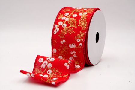 Ruban câblé en rouge avec feuilles de houx et baies de Noël_KF9628GC-7-7