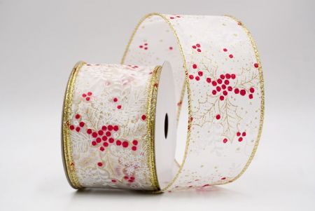 Ruban câblé en blanc avec feuilles de houx et baies de Noël_KF9630G-1