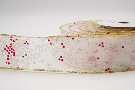 Ruban câblé en blanc avec feuilles de houx et baies de Noël_KF9630G-1