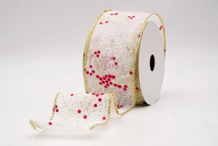 Ruban câblé en blanc avec feuilles de houx et baies de Noël_KF9630G-1