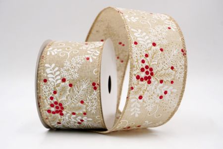 Ruban câblé en kaki avec feuilles de houx et baies de Noël_KF9631GC-13-183