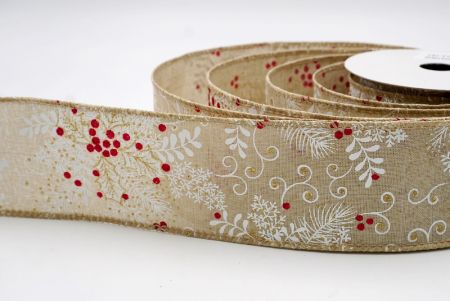 Ruban câblé en kaki avec feuilles de houx et baies de Noël_KF9631GC-13-183
