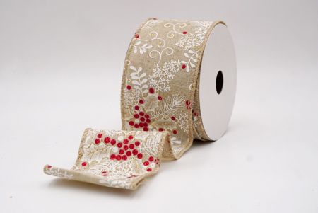Ruban câblé en kaki avec feuilles de houx et baies de Noël_KF9631GC-13-183