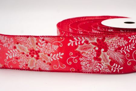 Ruban câblé en rouge avec feuilles de houx et baies de Noël_KF9632GC-7-7