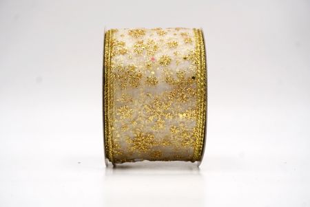 White - Gold Sparkling Christmas Snowflake Wired Ribbon_KF9653G-1