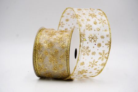 White - Gold Sparkling Christmas Snowflake Wired Ribbon_KF9653G-1