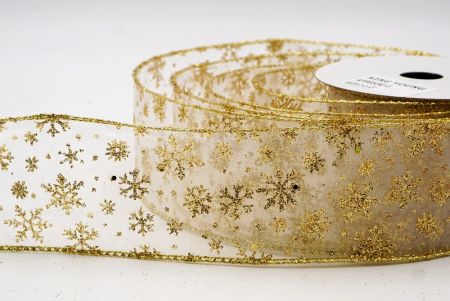 White - Gold Sparkling Christmas Snowflake Wired Ribbon_KF9653G-1