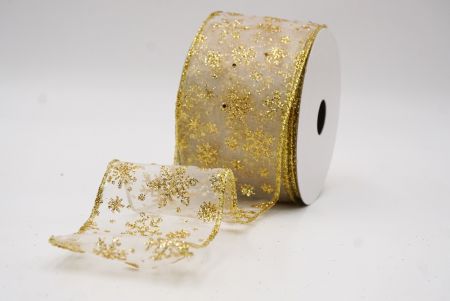 White - Gold Sparkling Christmas Snowflake Wired Ribbon_KF9653G-1