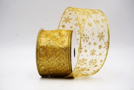 Cream - Gold Sparkling Christmas Snowflake Wired Ribbon_KF9653G-2
