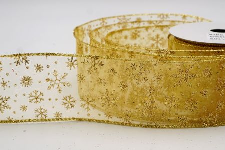 Cream - Gold Sparkling Christmas Snowflake Wired Ribbon_KF9653G-2