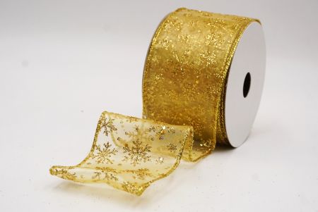 Cream - Gold Sparkling Christmas Snowflake Wired Ribbon_KF9653G-2