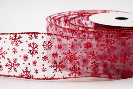 White - Red Sparkling Christmas Snowflake Wired Ribbon_KF9654GR-1
