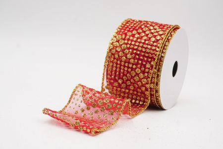 Czerwona - złota elegancka wstążka z ornamentami na Boże Narodzenie_KF9704G-7