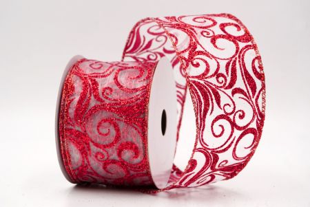White/Red Sheer_Glitter Filigree Swirl Wired Ribbon_KF9708GR-1