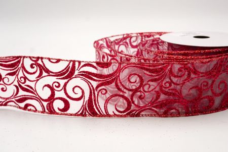 White/Red Sheer_Glitter Filigree Swirl Wired Ribbon_KF9708GR-1