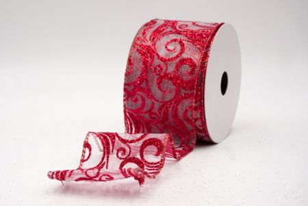 White/Red Sheer_Glitter Filigree Swirl Wired Ribbon_KF9708GR-1