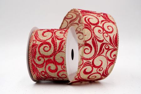 Khaki/Red_Glitter Filigree Swirl Wired Ribbon_KF9710GC-13-183