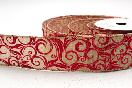 Khaki/Red_Glitter Filigree Swirl Wired Ribbon_KF9710GC-13-183