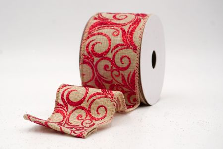 Khaki/Red_Glitter Filigree Swirl Wired Ribbon_KF9710GC-13-183