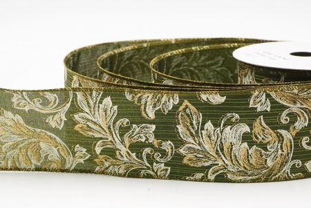 Matcha Green Elegant Baroque Floral Metallic Wired Ribbon_KF9719GC-3-185