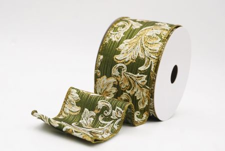 Matcha Green Elegant Baroque Floral Metallic Wired Ribbon_KF9719GC-3-185