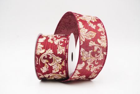 Burgundy Elegant Baroque Floral Metallic Wired Ribbon_KF9719GC-8-8