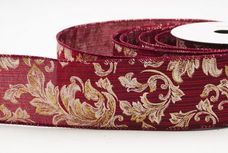 Burgundy Elegant Baroque Floral Metallic Wired Ribbon_KF9719GC-8-8