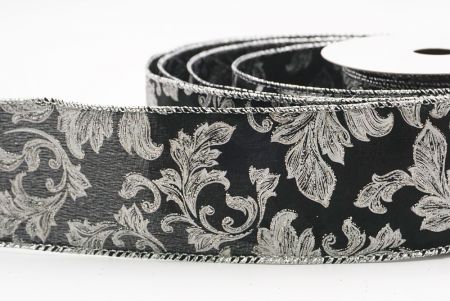 Black - Silver Elegant Baroque Floral Metallic Wired Ribbon_KF9720G-53