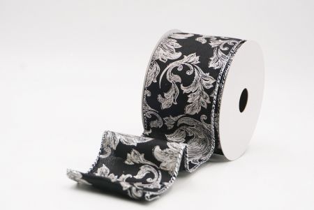 Black - Silver Elegant Baroque Floral Metallic Wired Ribbon_KF9720G-53