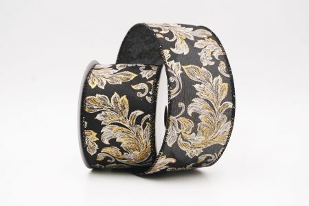 Black - Gold Elegant Baroque Floral Metallic Wired Ribbon_KF9720GC-53G-53