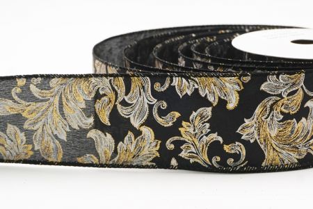 Black - Gold Elegant Baroque Floral Metallic Wired Ribbon_KF9720GC-53G-53