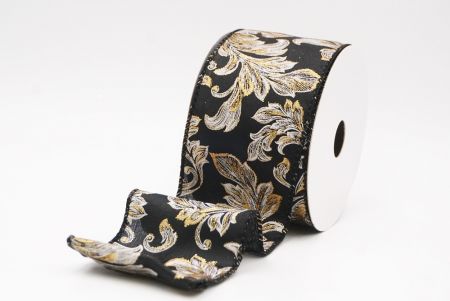 Black - Gold Elegant Baroque Floral Metallic Wired Ribbon_KF9720GC-53G-53