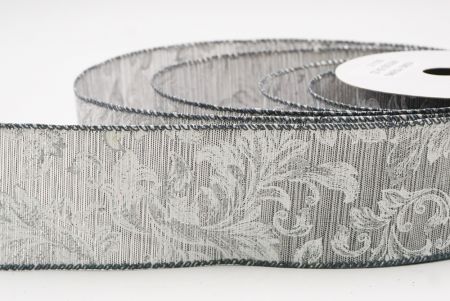 Gray - White Elegant Baroque Floral Metallic Wired Ribbon_KF9721GC-50-123