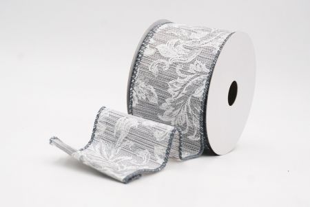 Gray - White Elegant Baroque Floral Metallic Wired Ribbon_KF9721GC-50-123