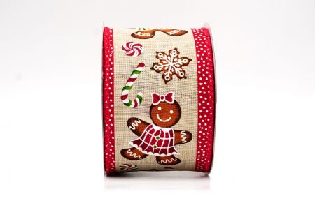 Light Brown - Red Gingerbread Men & Candy Holiday Wired Ribbon_KF9724GC-13-7