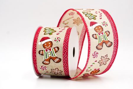 Light Brown - Red Gingerbread Men & Candy Holiday Wired Ribbon_KF9724GC-13-7