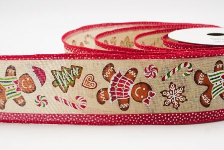 Light Brown - Red Gingerbread Men & Candy Holiday Wired Ribbon_KF9724GC-13-7