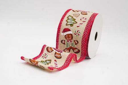 Light Brown - Red Gingerbread Men & Candy Holiday Wired Ribbon_KF9724GC-13-7