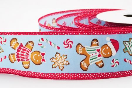 Blue - Red Gingerbread Men & Candy Holiday Wired Ribbon_KF9725GC-12-7