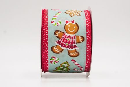 Aqua green - Red Gingerbread Men & Candy Holiday Wired Ribbon_KF9725GC-15-7