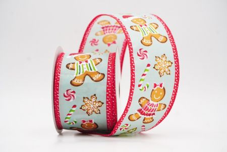 Aqua green - Red Gingerbread Men & Candy Holiday Wired Ribbon_KF9725GC-15-7